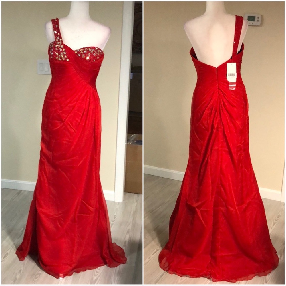Vibrant red chiffon one shoulder